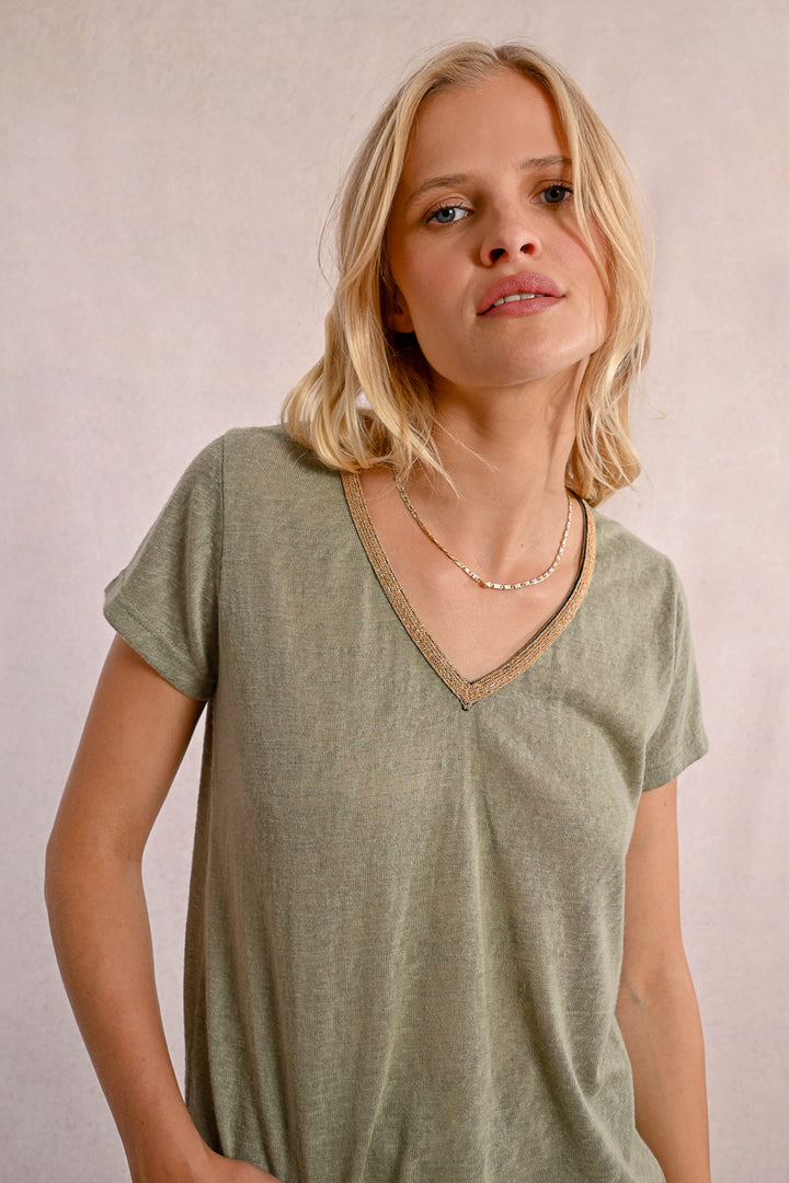 Molly Bracken V Neck Light Khaki Tee