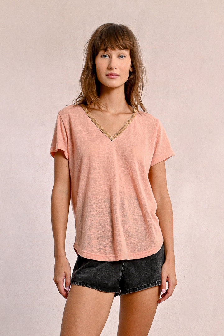 Molly Bracken V Neck Peachy Pink Tee