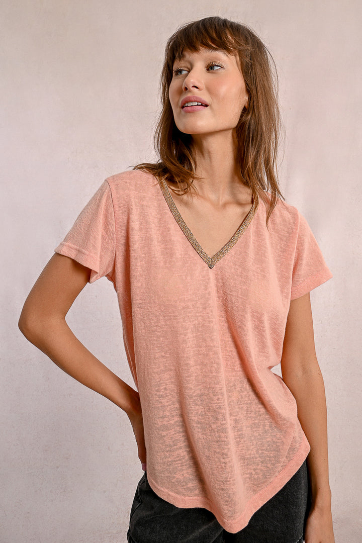 Molly Bracken V Neck Peachy Pink Tee