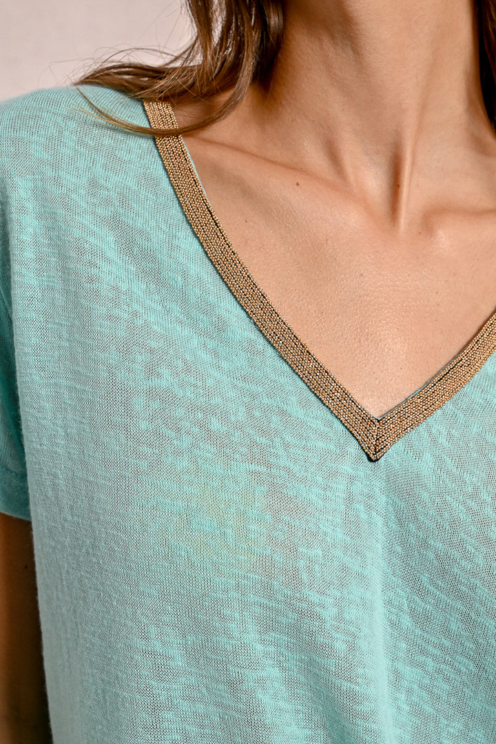 Molly Bracken V Neck Turquoise Knitted Tee