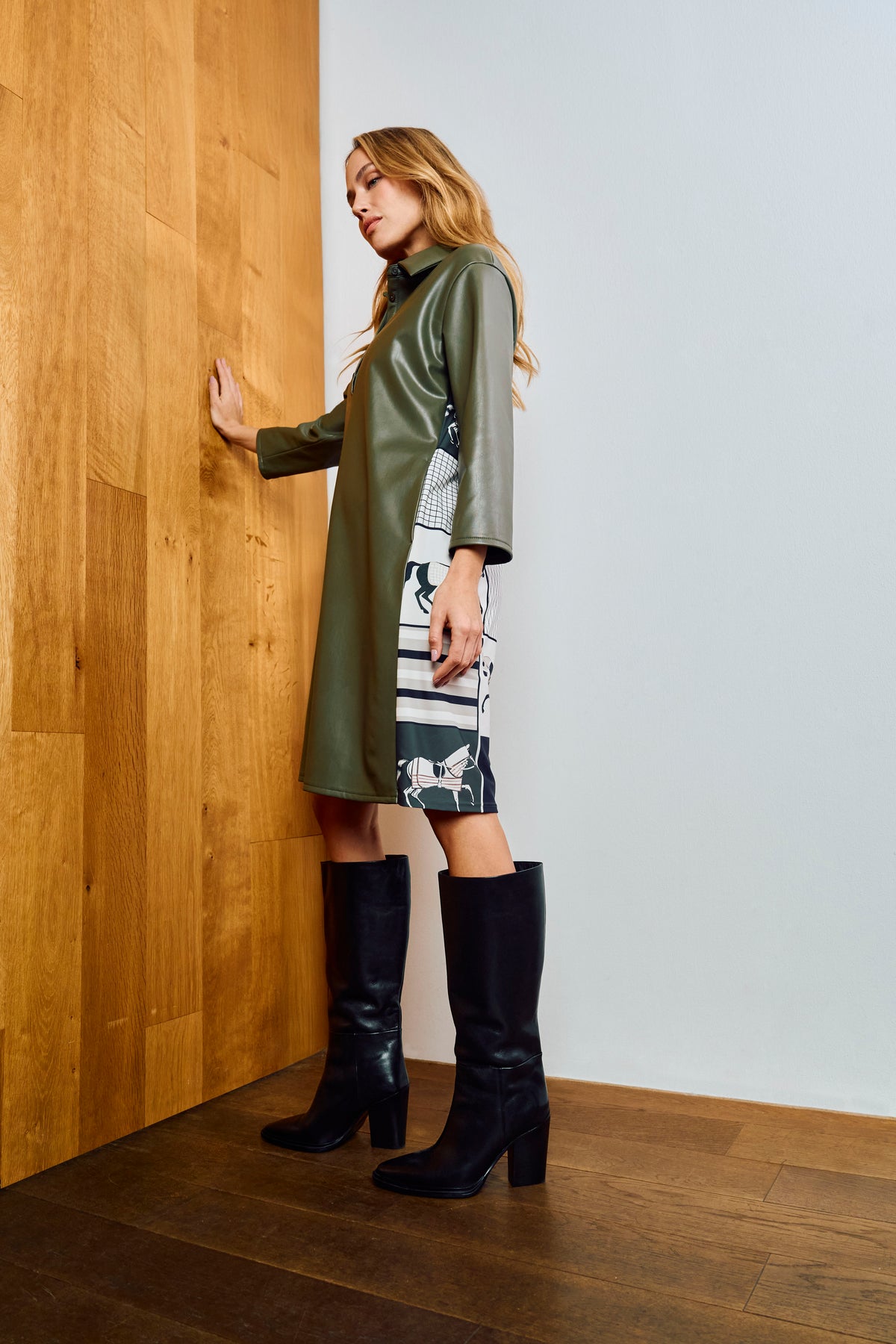 Tuzzi Take The Reins Olive Shirt Faux Leather Dress With Printed Back