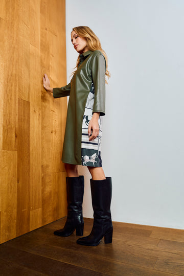 Tuzzi Take The Reins Olive Shirt Faux Leather Dress With Printed Back