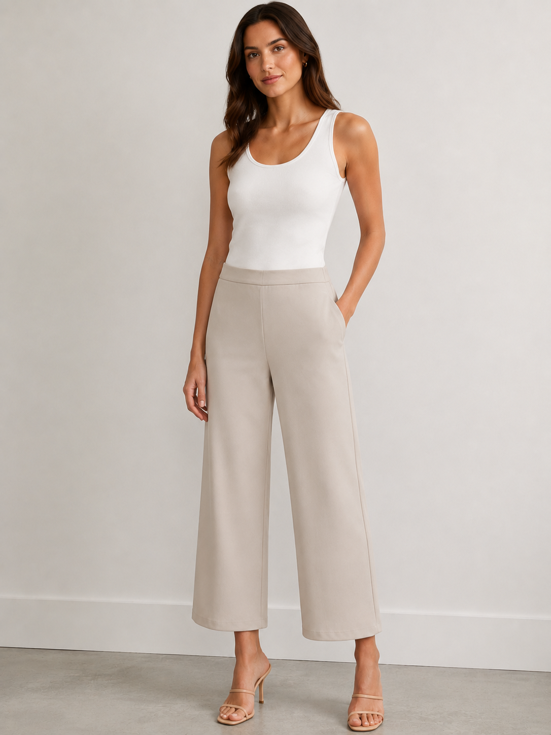 Tuzzi Beige Straight Waist Wide Leg Trousers