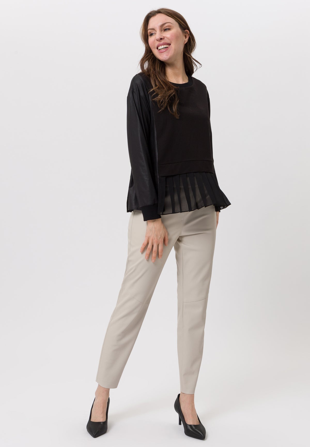 Tuzzi Black Leather-Panel Pleated Chiffon-Hem Top