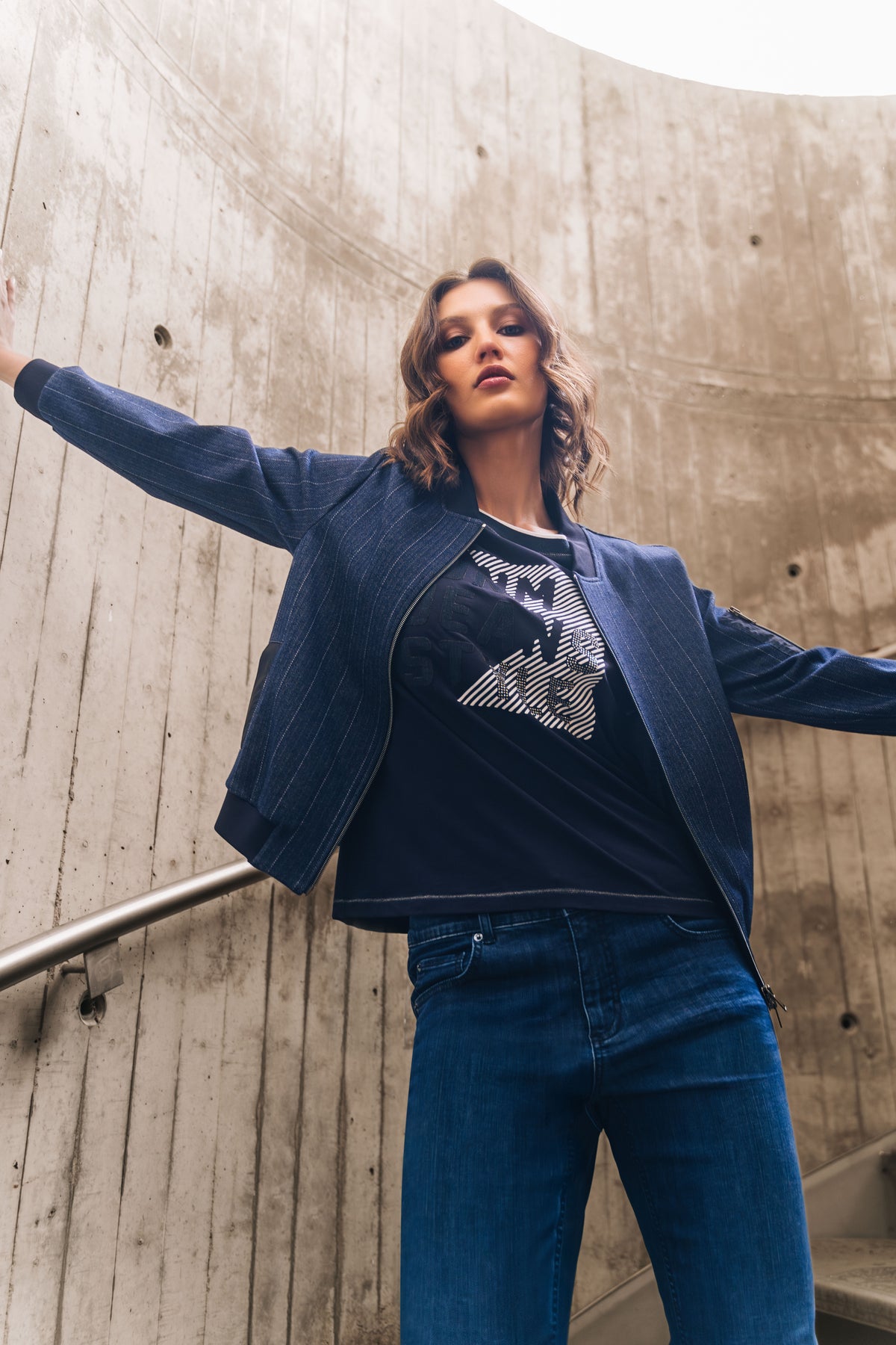 Tuzzi Denim Blue Pinstripe Bomber Jacket