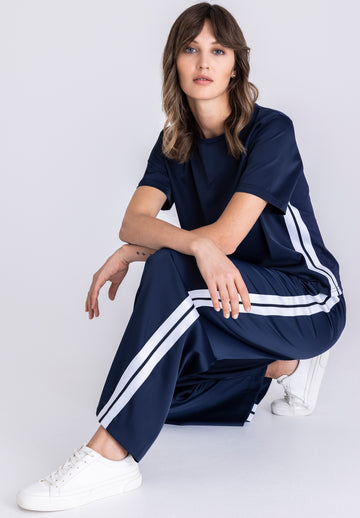 Tuzzi Navy Wide Leg Trousers WIth White Accent