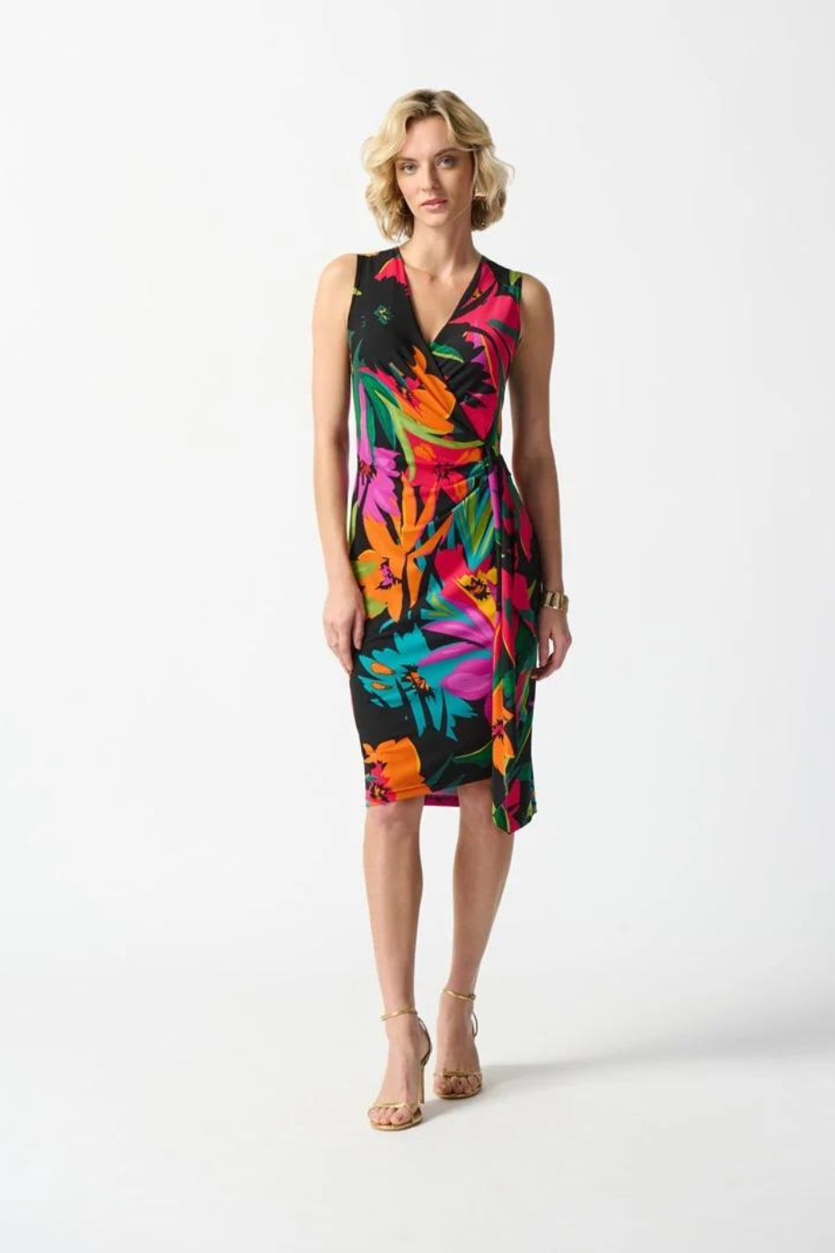Joseph Ribkoff Multi Colored Silky Knit Tropical Print Wrap Dress