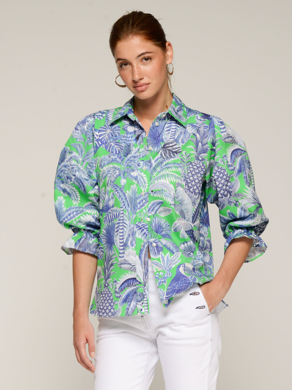 Vilagallo Blue And Green Tropical Print Cotton Shirt