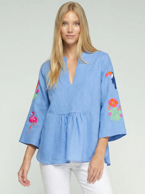 Vilagallo Blue Shirt With Tropical Embroidery