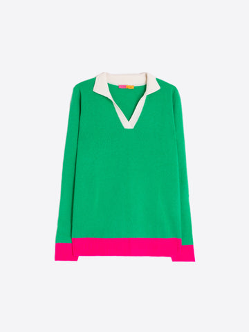Vilagallo Green Sweater With Shirt Collar And Pink Neon Accent