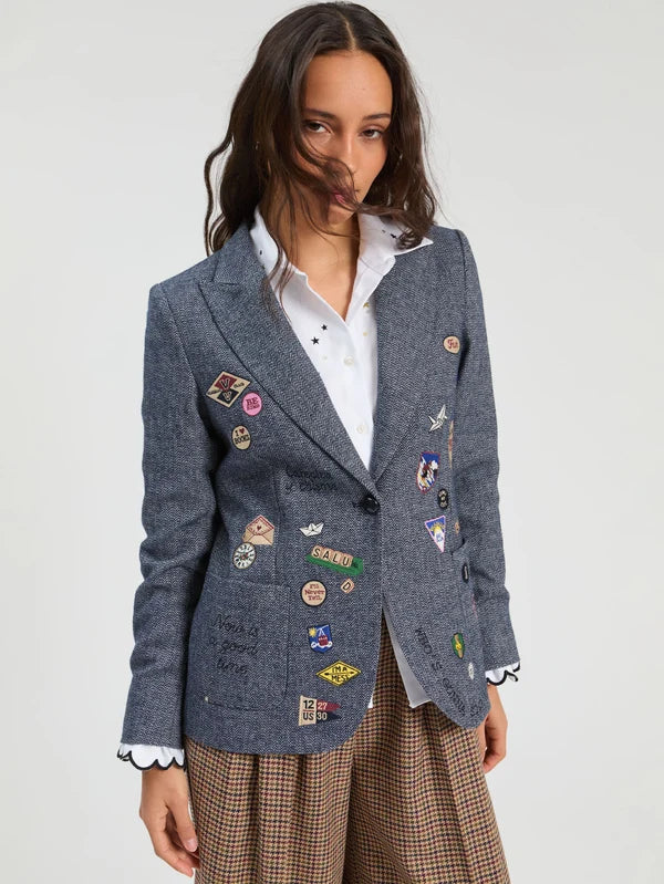 Vilagallo Hilary Embellished Blue Wool Embroidered Jacket