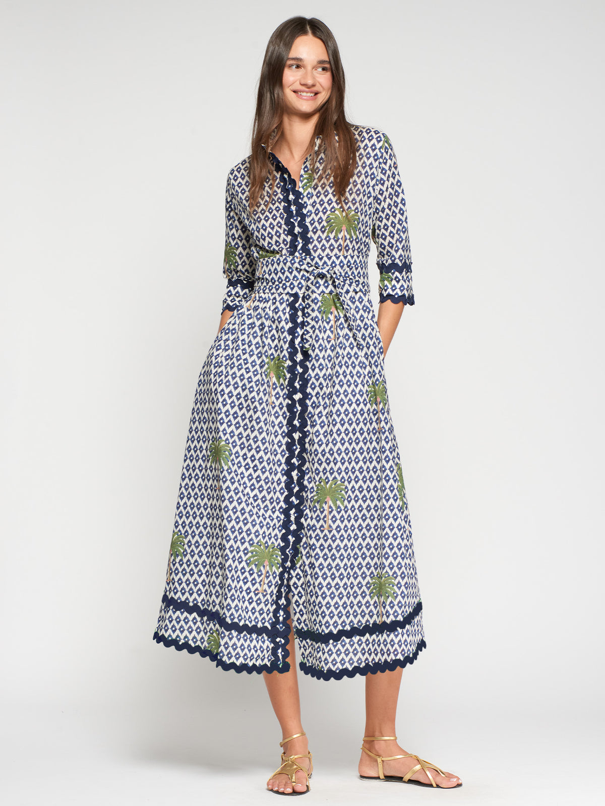 Vilagallo Ikat Palm Printed Cotton Midi Dress
