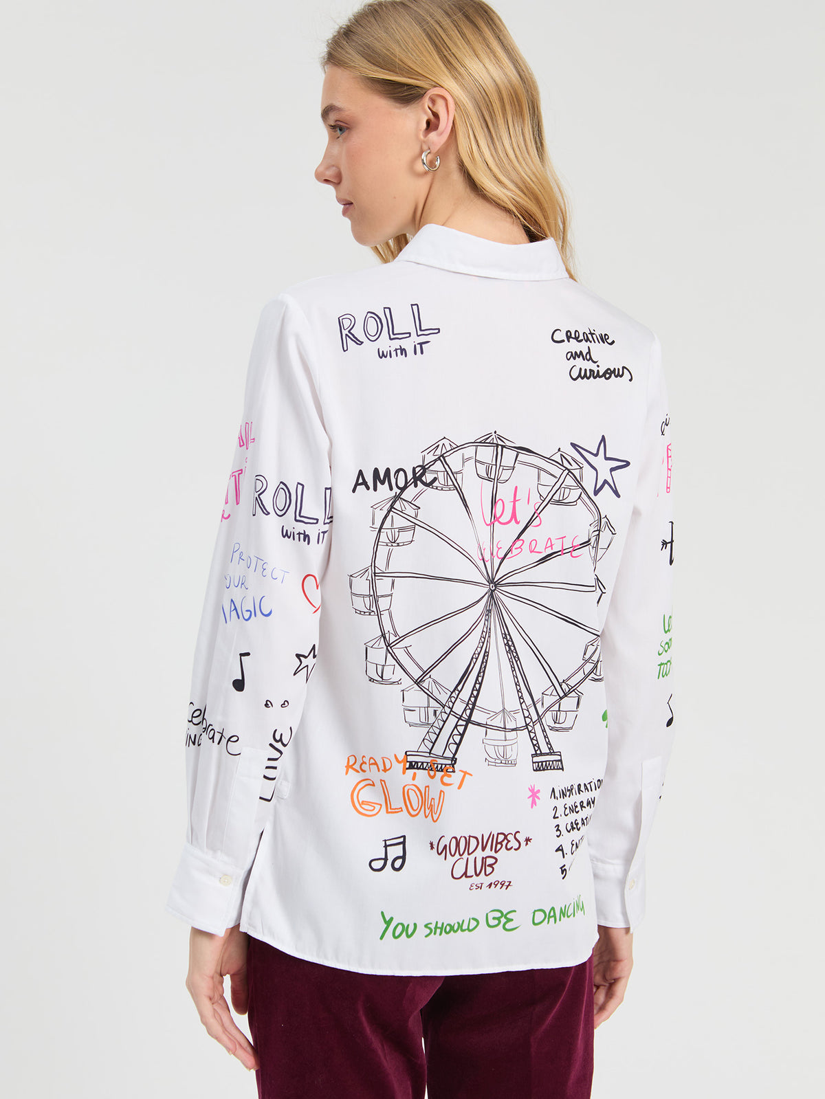 Vilagallo Isa White Ferris Wheel Print Cotton Shirt