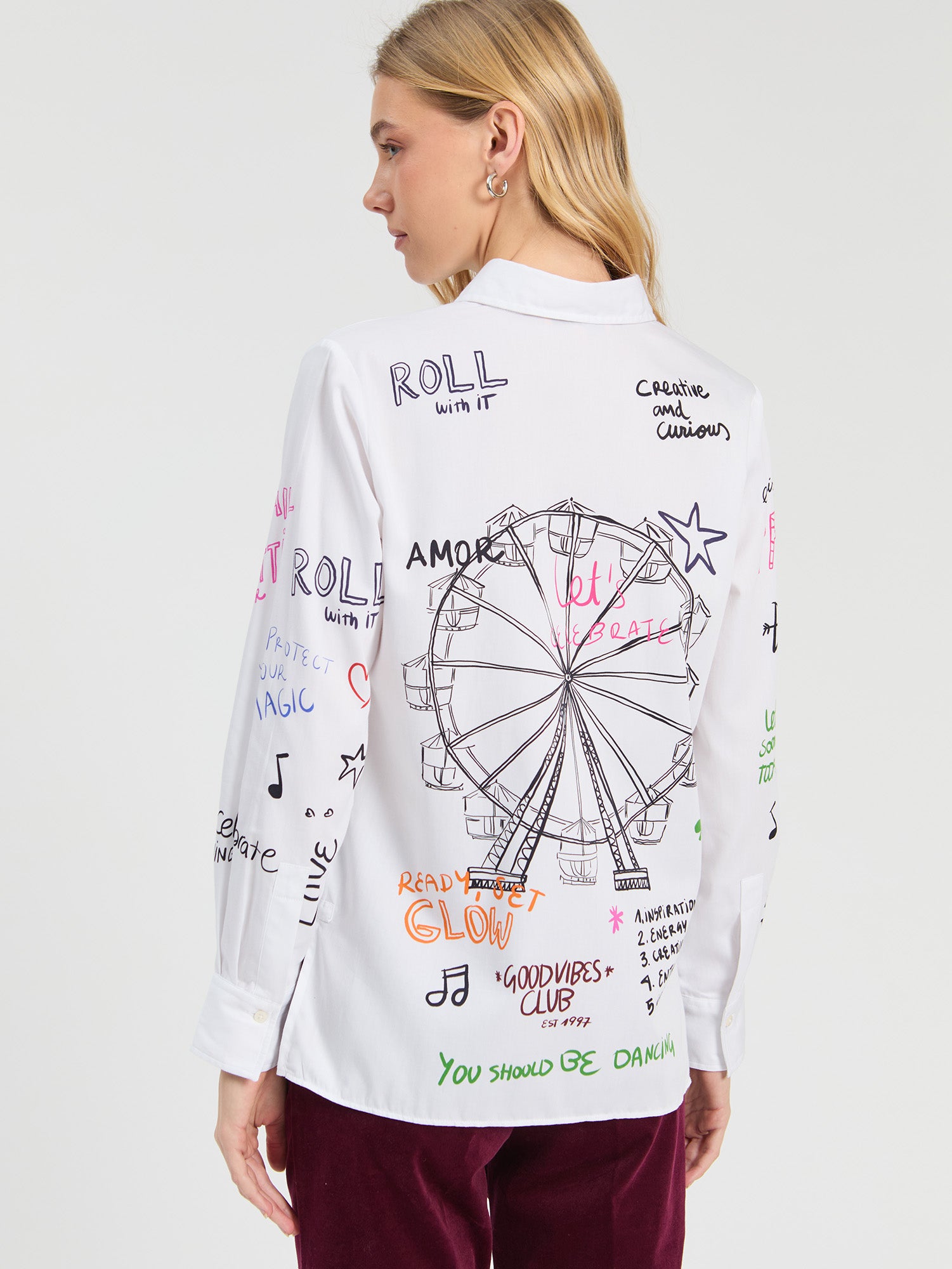Vilagallo Isa White Ferris Wheel Print Cotton Shirt