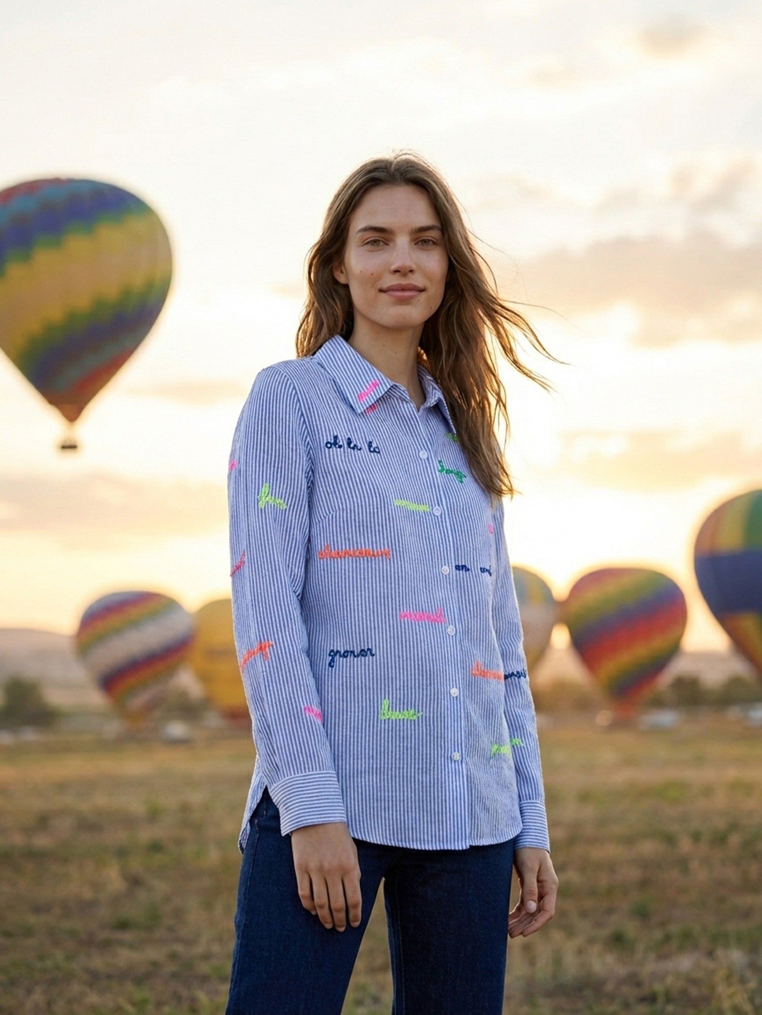 Vilagallo Linen Blue Striped Shirt With Embroidered Words