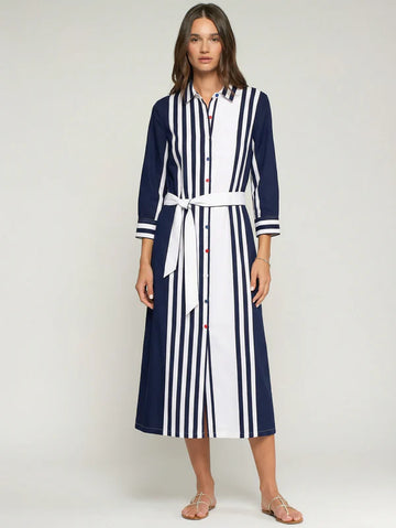  Vilagallo Navy And White Striped Shirt Dress 