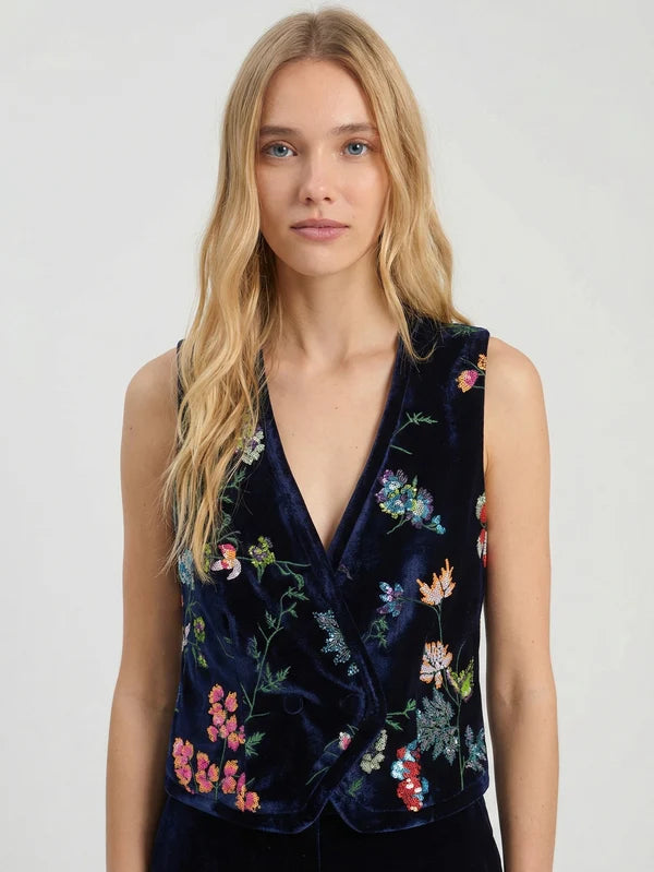 Vilagallo Navy Vest With Floral Embroidery