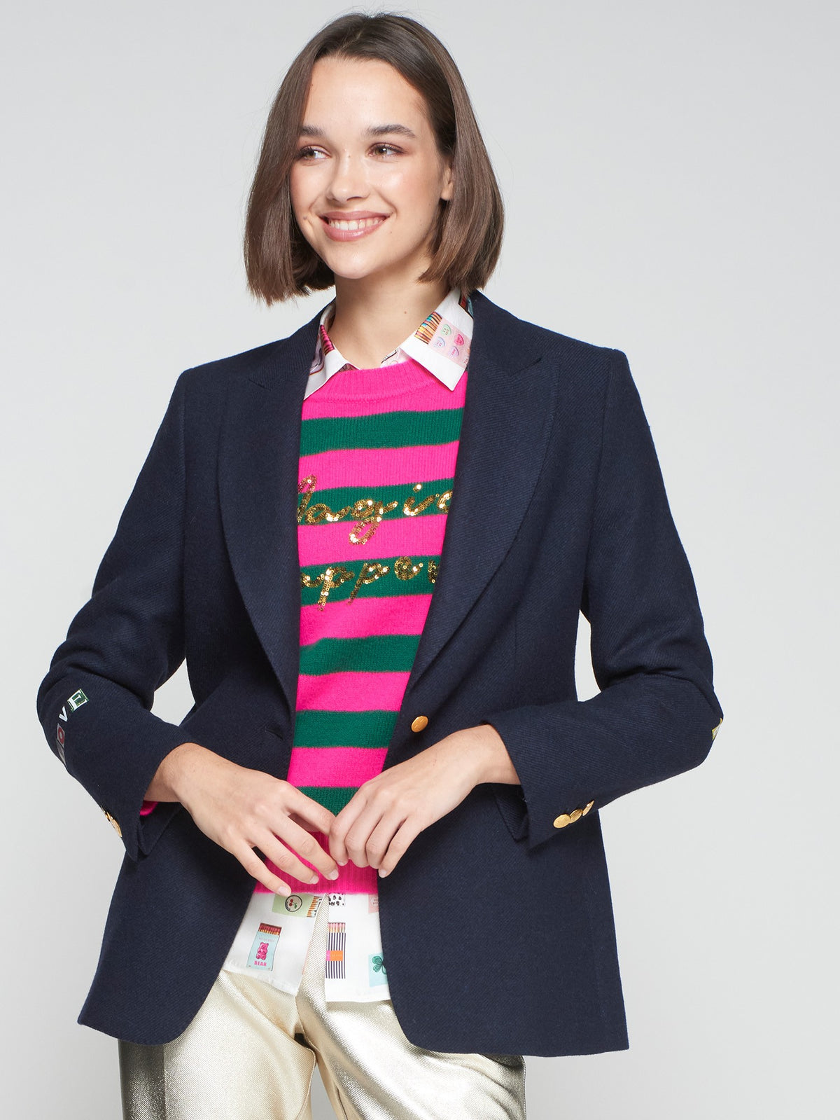 Vilagallo Navy Wool Blazer With Graffiti Print