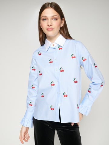 Vilagallo Sky Blue Cherry Embroidery Shirt