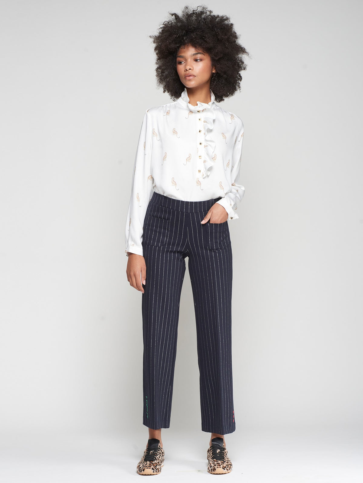 Vilagallo Straight Navy Trousers With Silver Stripe