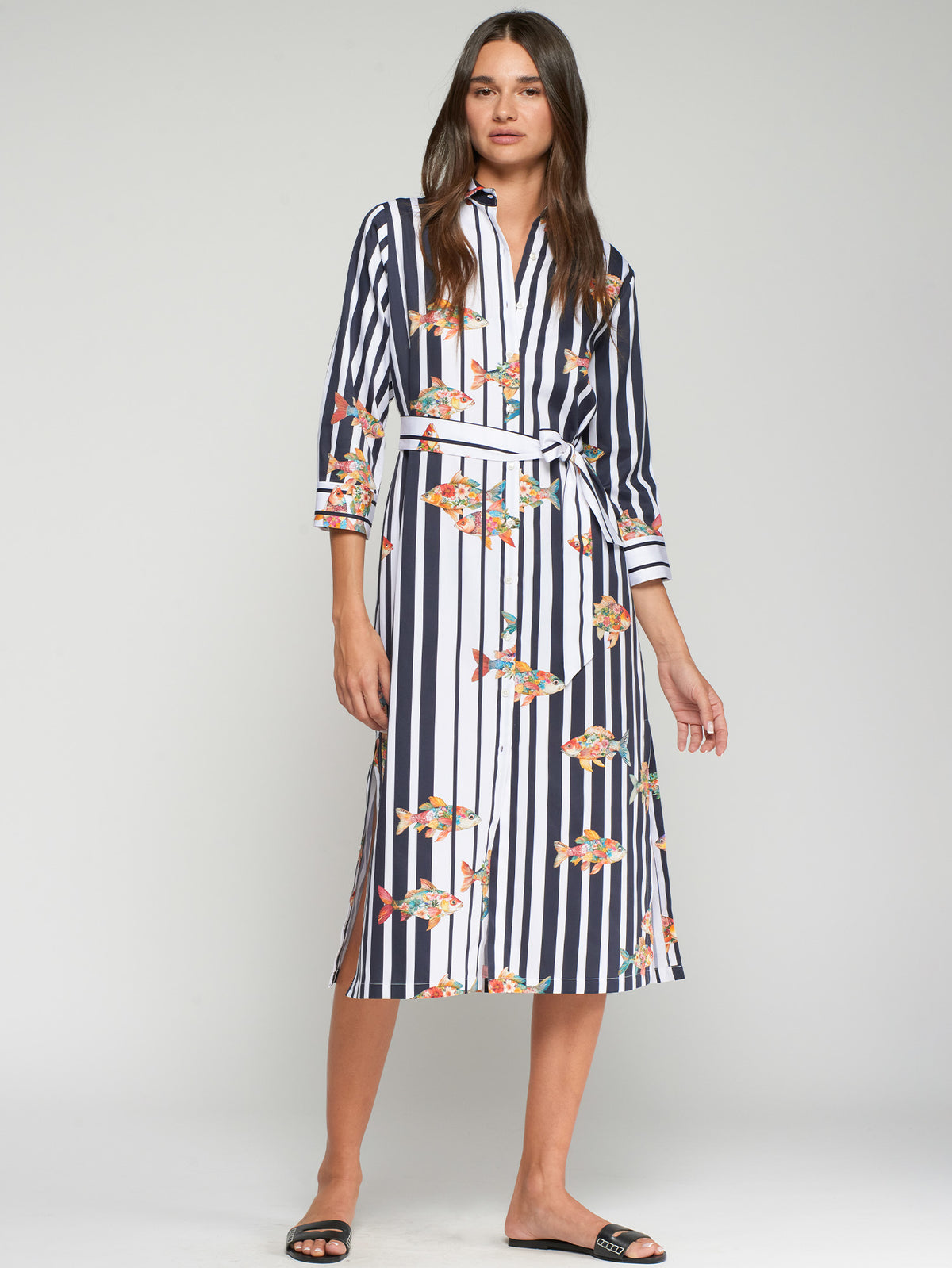 Vilagallo Striped Fish Print Cotton Shirt Dress