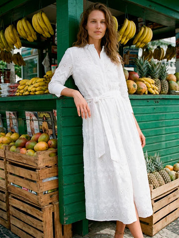 Vilagallo White Embroidered Belted Dress