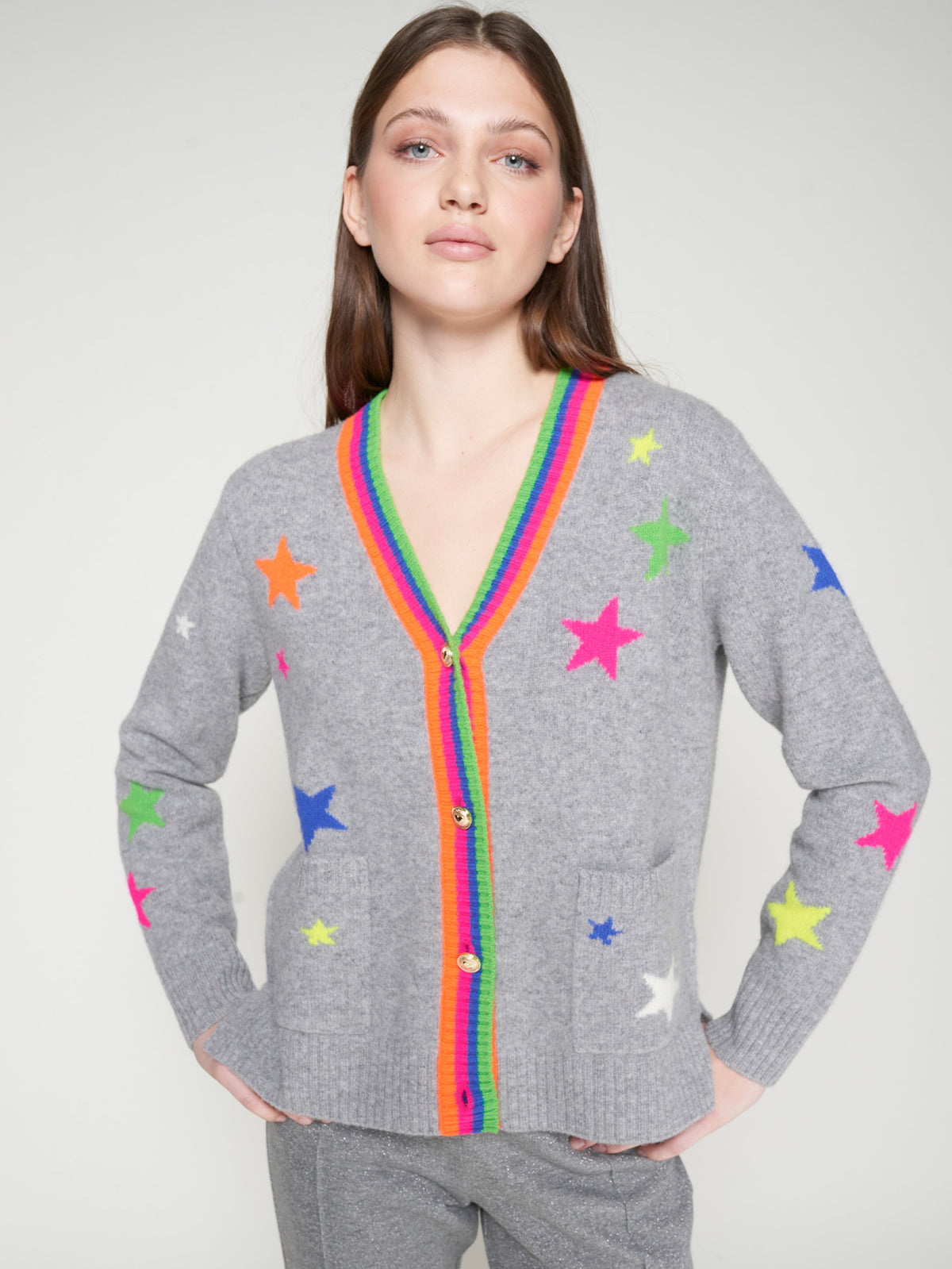 Vilagallo Wool Grey V Neck Star Cardigan