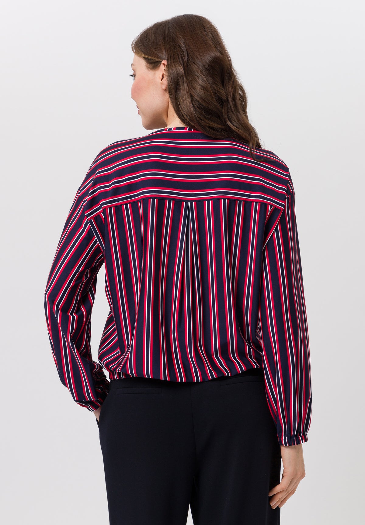 Tuzzi Navy, Red, and White Striped Patterned Blouse