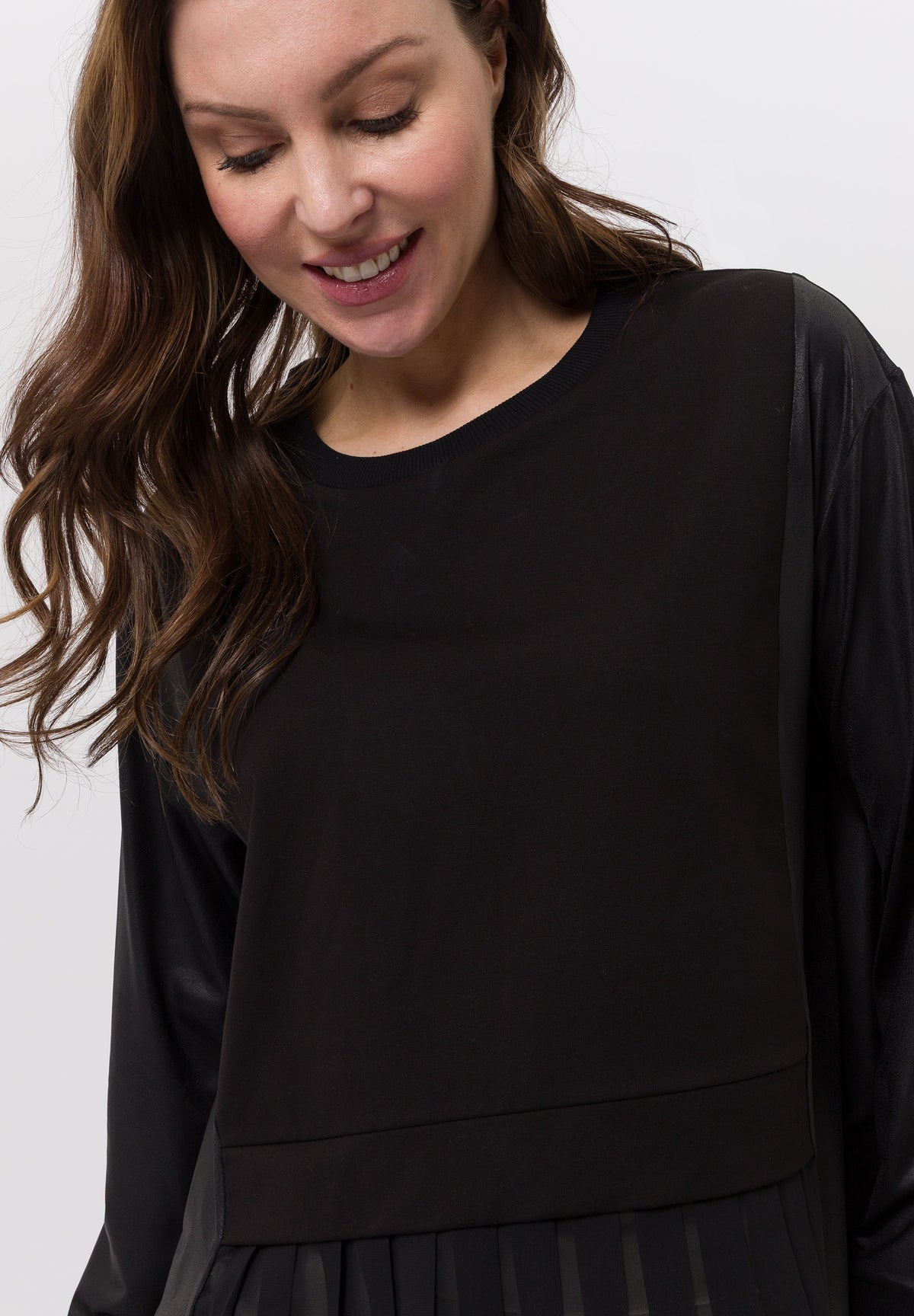Tuzzi Black Leather-Panel Pleated Chiffon-Hem Top