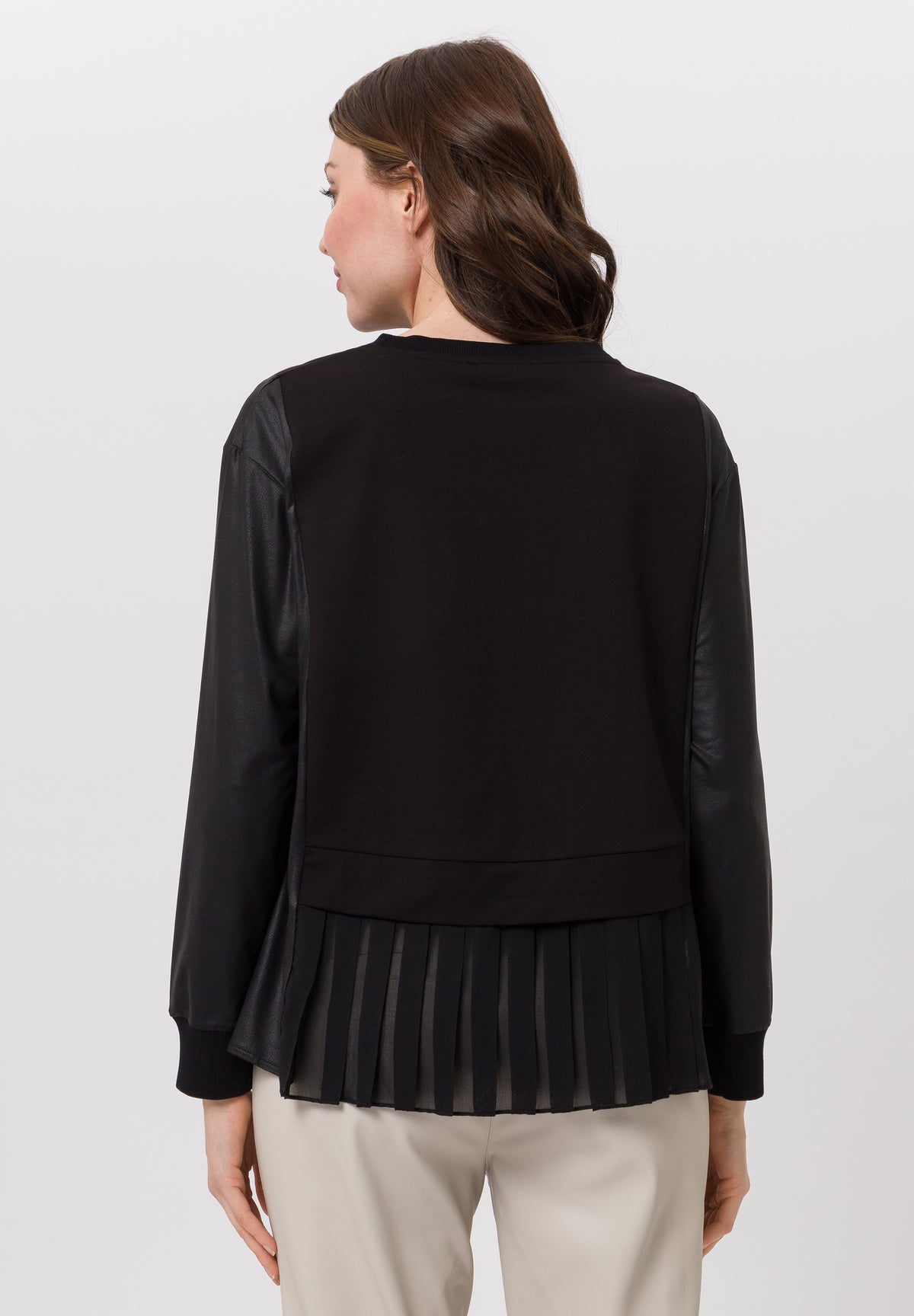Tuzzi Black Leather-Panel Pleated Chiffon-Hem Top