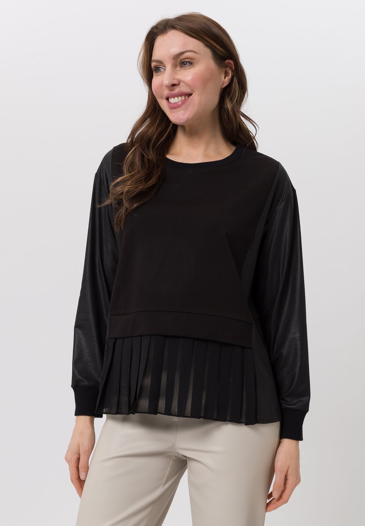 Tuzzi Black Leather-Panel Pleated Chiffon-Hem Top