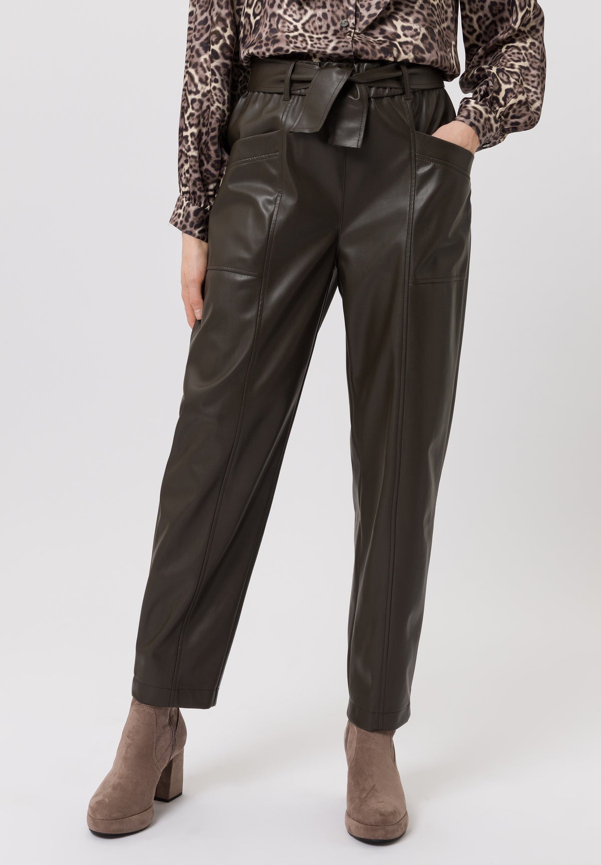 Tuzzi Chocloate Faux Leather Belted Trousers