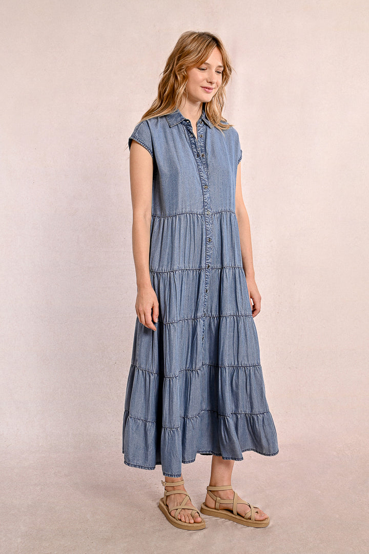 Molly Bracken Denim Blue Tiered Shirt Style Dress
