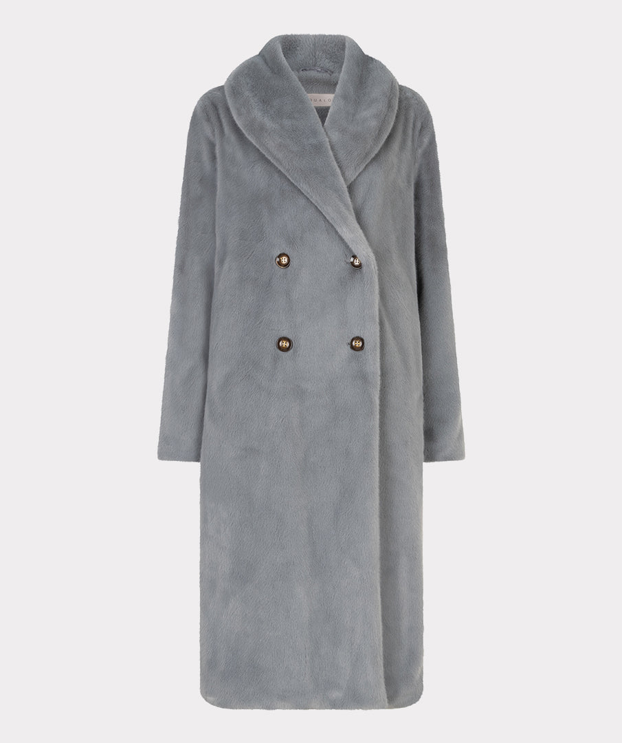 Esqualo Grey Long Coat With Faux Fur Shawl Collar
