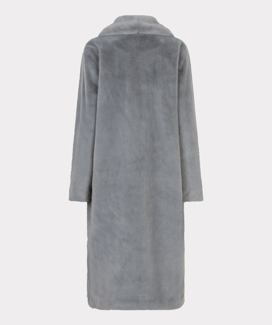 Esqualo Grey Long Coat With Faux Fur Shawl Collar