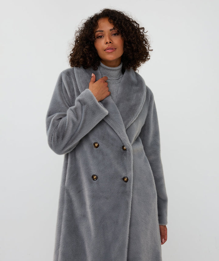 Esqualo Grey Long Coat With Faux Fur Shawl Collar