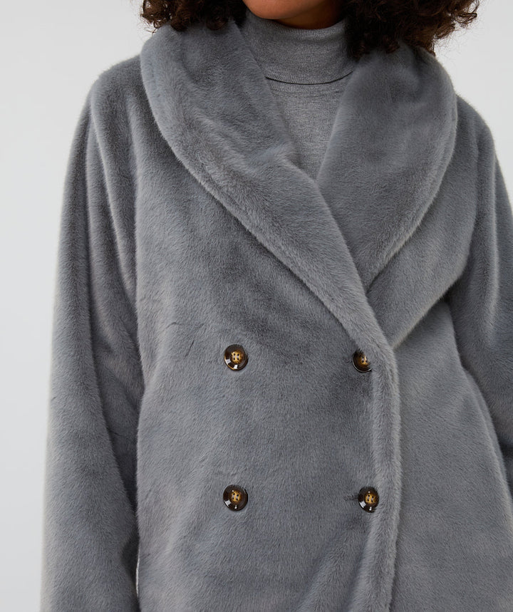Esqualo Grey Long Coat With Faux Fur Shawl Collar
