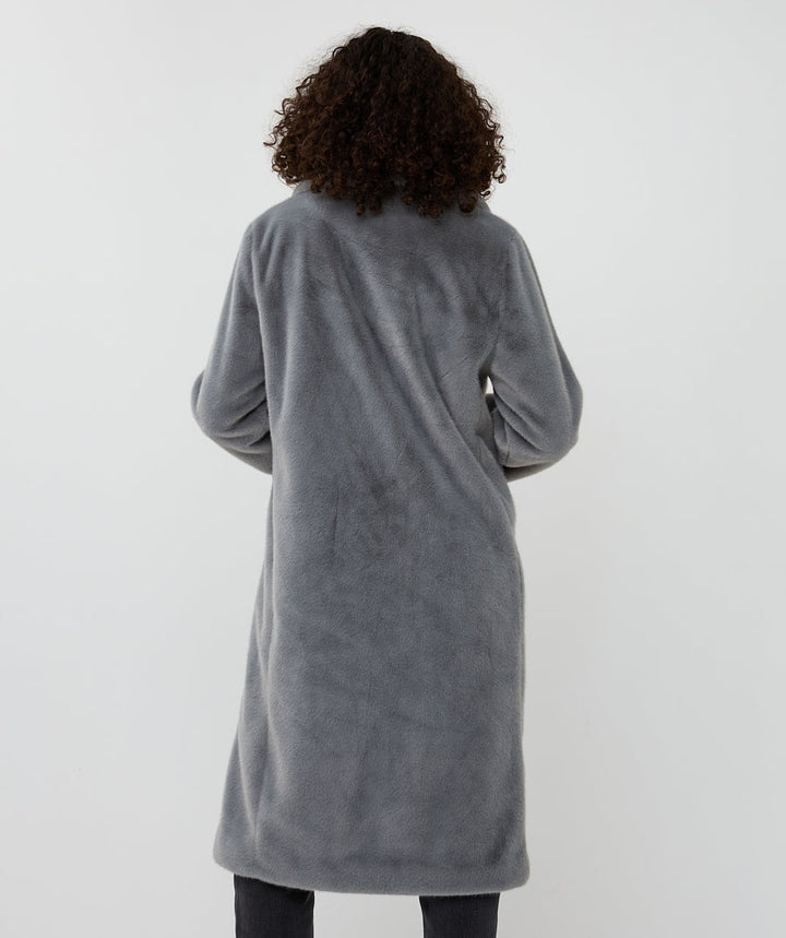 Esqualo Grey Long Coat With Faux Fur Shawl Collar