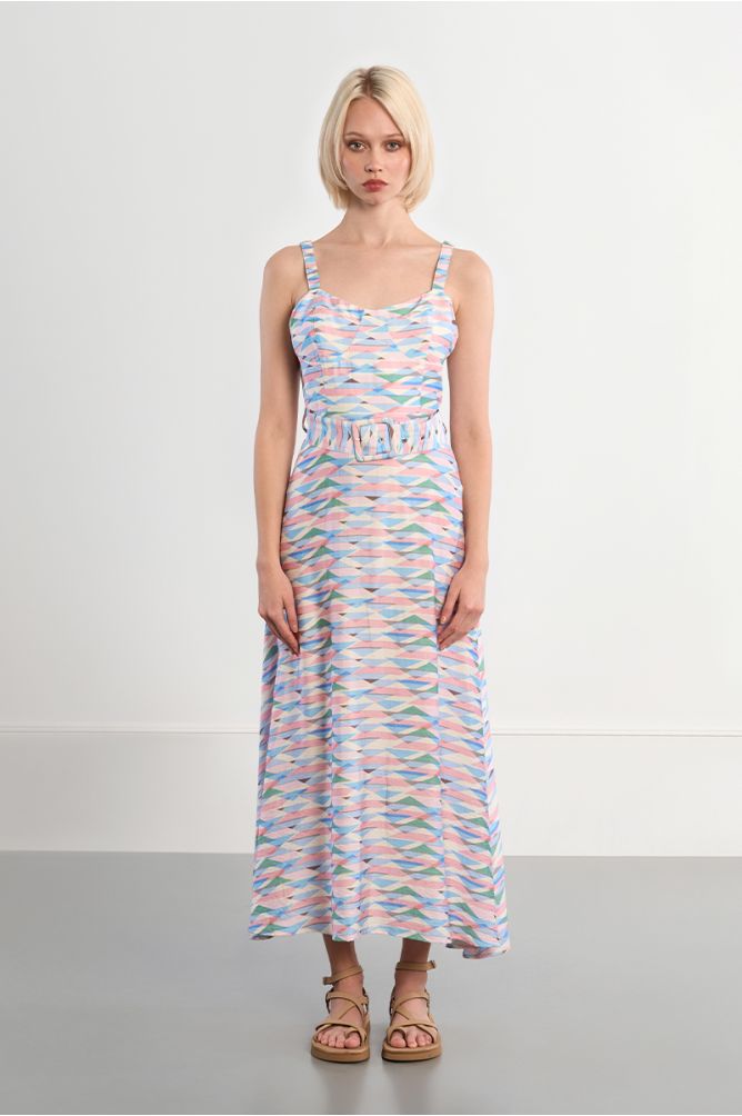 Molly Bracken Belted Maxi Dress With Geometric Print