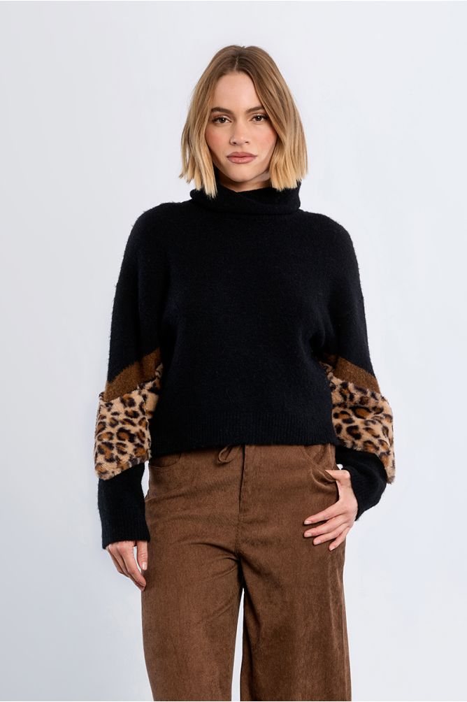 Molly Bracken Bi-Material Sweater With Leopard Accent