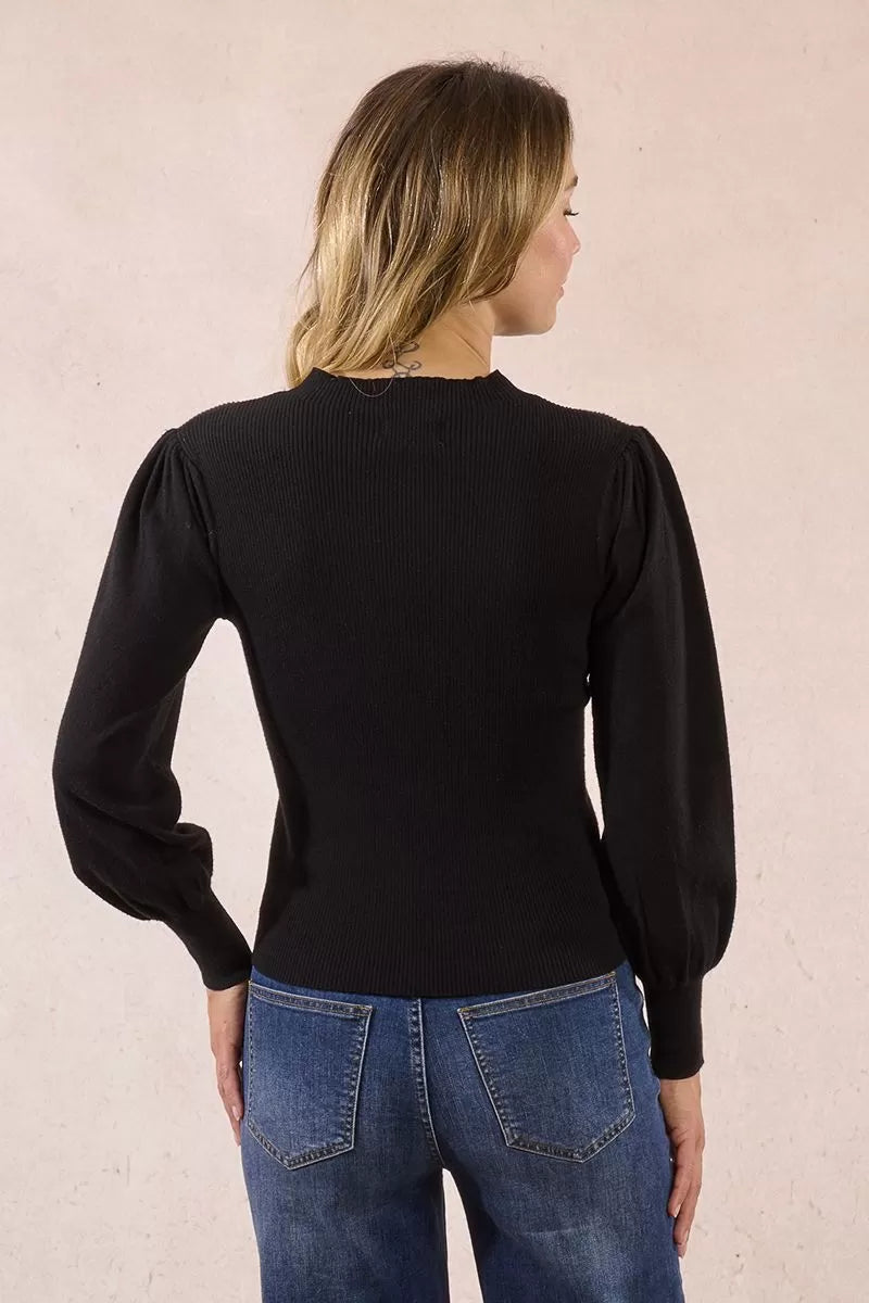 Molly Bracken Black Bi-Material Puffed Sleeve Sweater