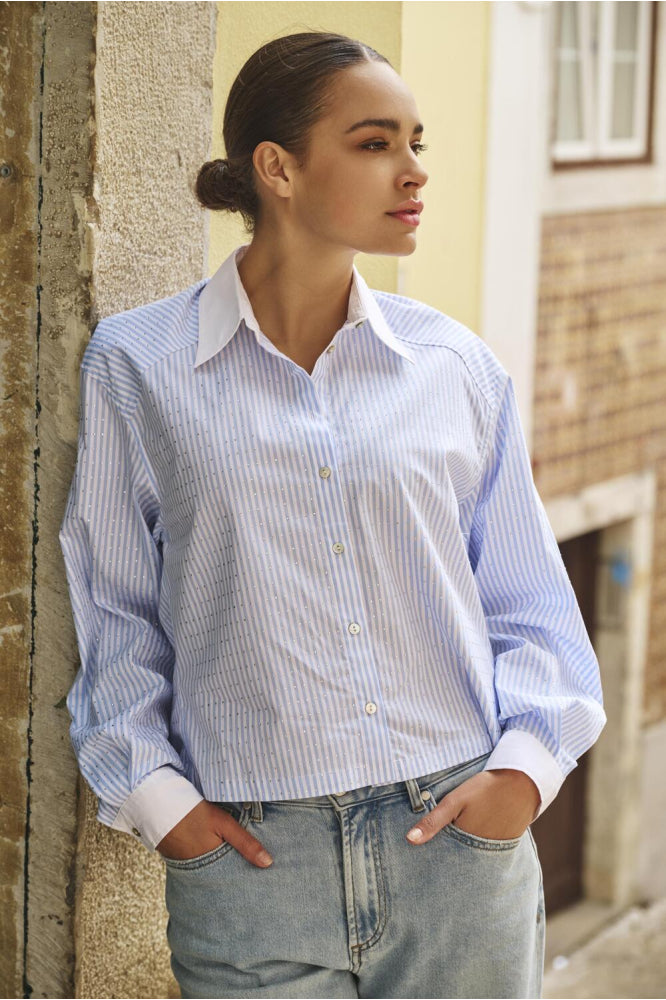 Esqualo Blue Off White Rhinestones Blouse