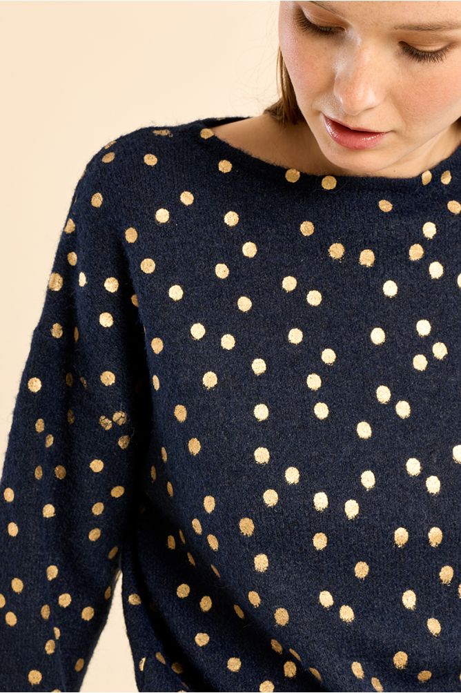 Molly Bracken Navy/Gold Boat Neck Swater, Polka Dot