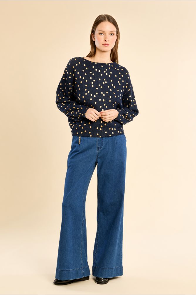 Molly Bracken Navy/Gold Boat Neck Swater, Polka Dot