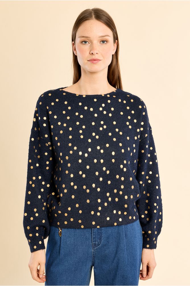 Molly Bracken Navy/Gold Boat Neck Swater, Polka Dot