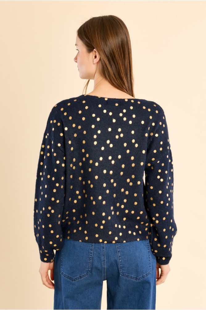 Molly Bracken Navy/Gold Boat Neck Swater, Polka Dot