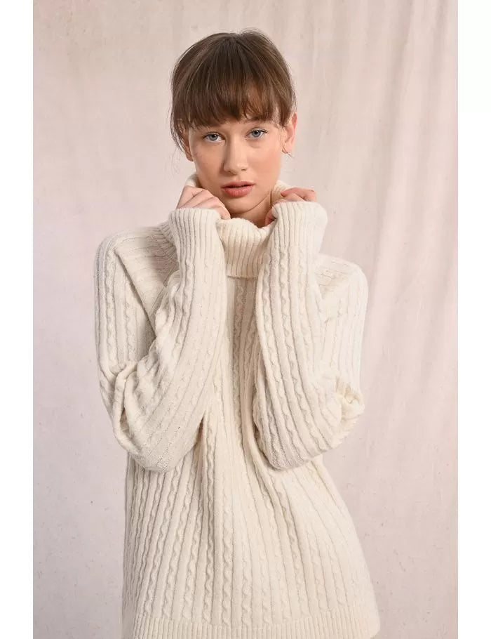 Molly Bracken Cable High Collar Off White Sweater