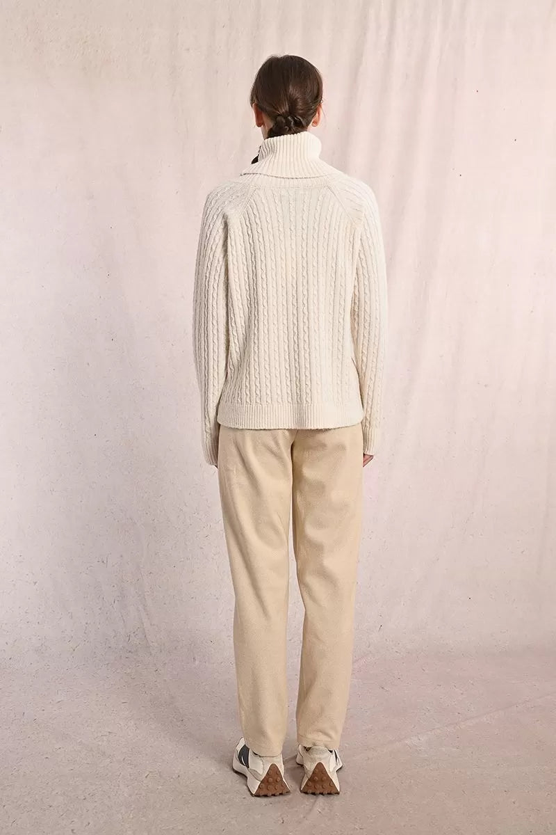 Molly Bracken Cable High Collar Off White Sweater