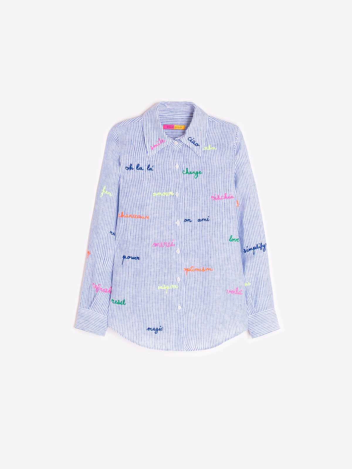 Vilagallo Linen Blue Striped Shirt With Embroidered Words