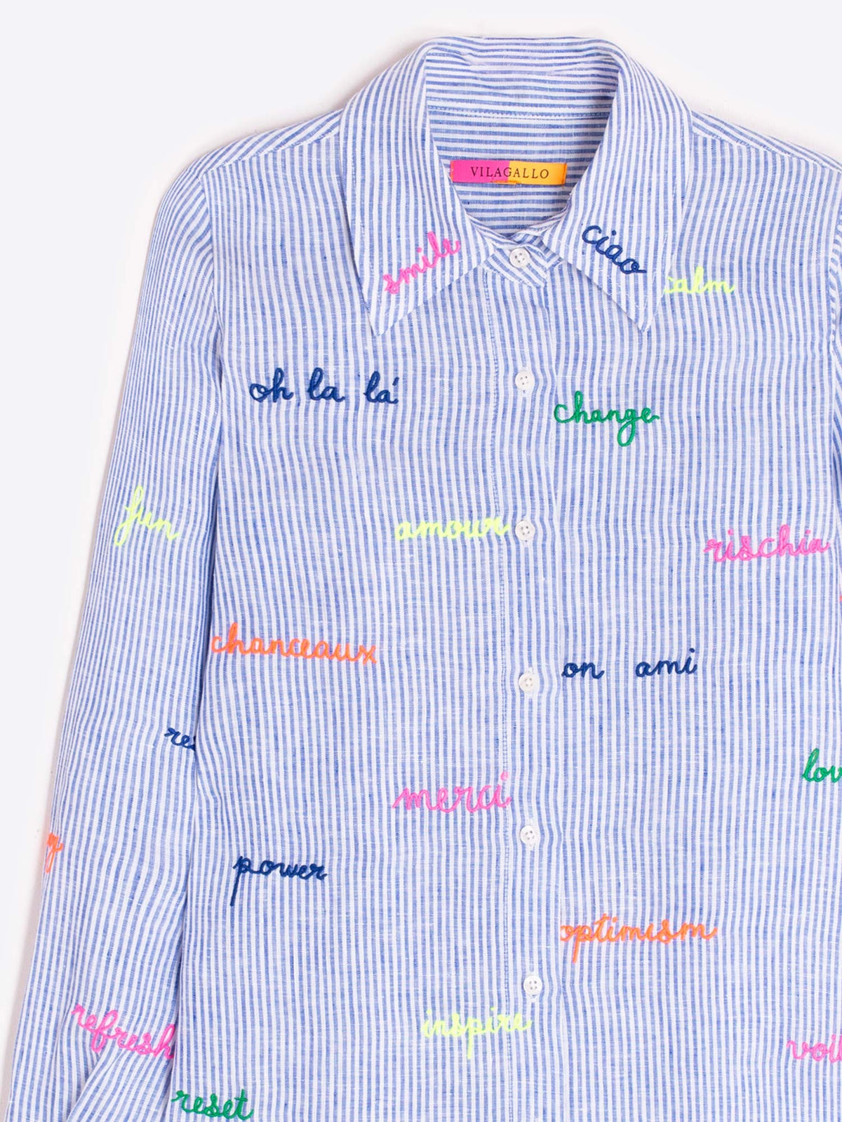 Vilagallo Linen Blue Striped Shirt With Embroidered Words